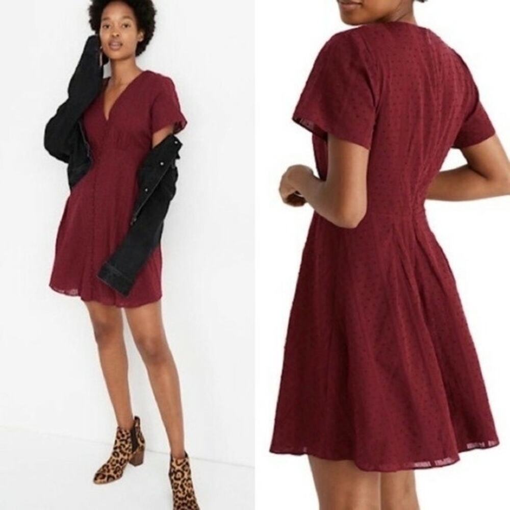 Madewell Burgundy Button-Front Swing Dress in Swiss Dot NWT Size 12